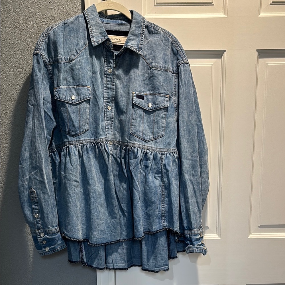 Free People Blue Denim half Button-Up flowy Shirt